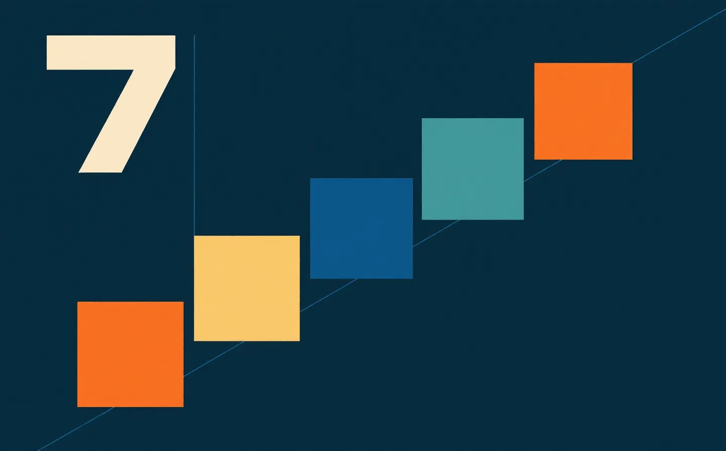 Constructivist diagonal composition of the seven TB-500 amino-acid residues as solid orange, cobalt, and teal squares on a slate ground with an oversized numeral seven